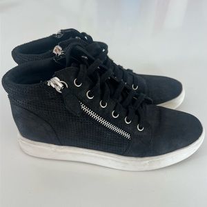 Woman’s black suede mid-top sneaker, Size 6